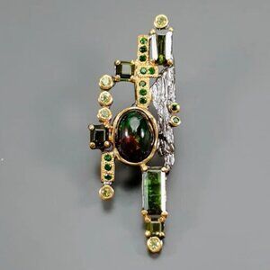 Necklace Handcrafted Black Opal-Tourmaline-Chrome Diopside-Peridot 925